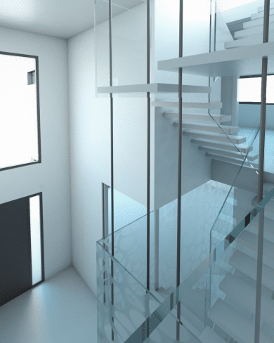Vista de un diseño interior moderno realizado por MAM Experience Building, destacando unas escaleras flotantes de estilo minimalista con barandillas de vidrio, líneas limpias y un ambiente luminoso y espacioso.