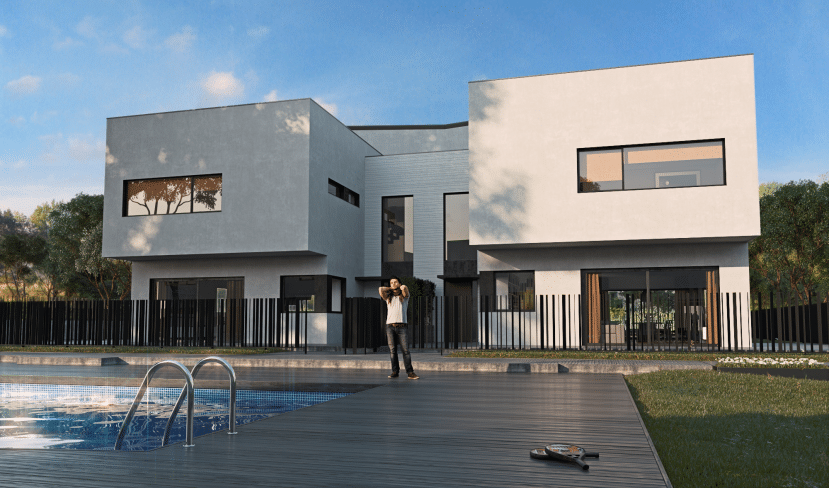 Vista del proyecto de 10 viviendas en Pozuelo, Madrid, realizado por MAM Experience Building, mostrando modernas casas de dos pisos con amplios ventanales, áreas verdes y una piscina en el jardín comunitario.
