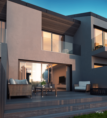 Vista del proyecto de 3 viviendas en Pozuelo, Madrid realizado por MAM Experience Building, destacando un diseño moderno y elegante con amplias terrazas y ventanales que ofrecen una conexión fluida entre el interior y el exterior.