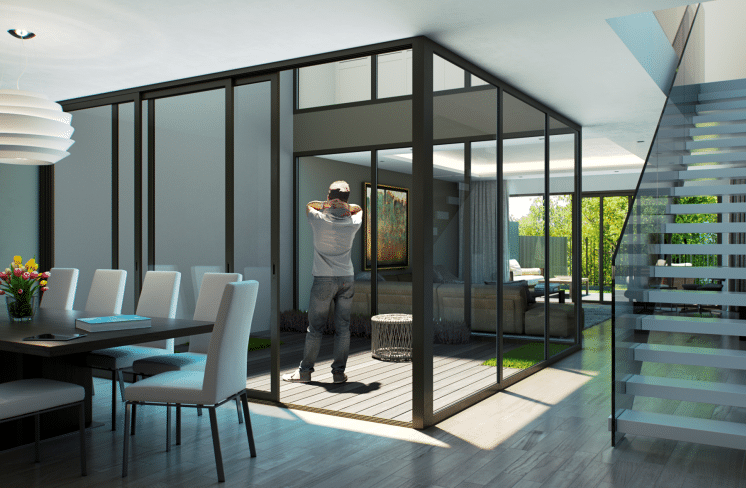 Interior moderno de una de las 5 viviendas en Pozuelo, Madrid, diseñado por MAM Experience Building, con una distribución abierta que incluye un patio interior acristalado, una elegante zona de comedor y escaleras contemporáneas.