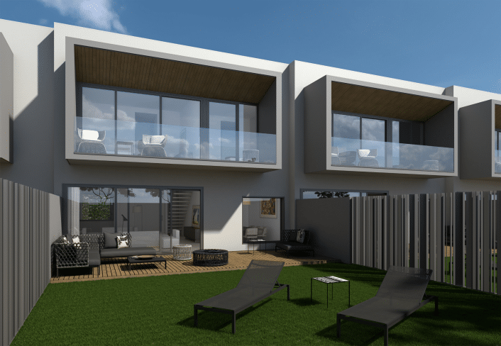 Vista exterior de las 5 viviendas en Las Rozas, Madrid, diseñadas por MAM Experience Building, mostrando un diseño contemporáneo con amplios ventanales, balcones privados y jardines traseros ideales para el ocio al aire libre.