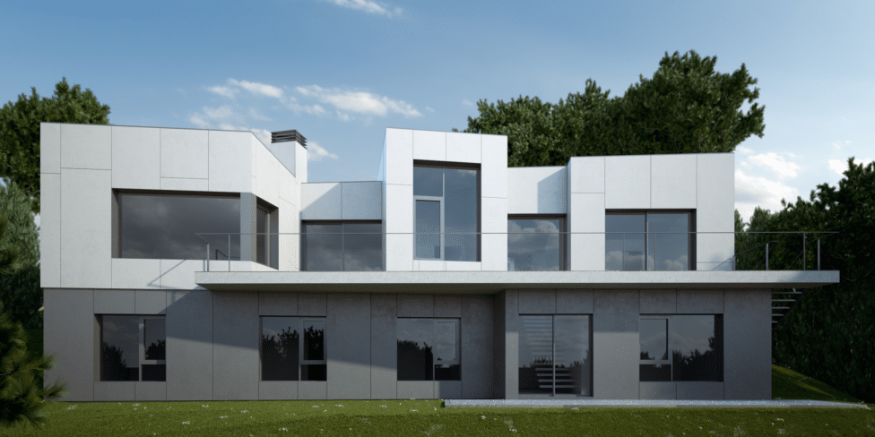 Vista frontal de la Casa Las Cuestas en Galapagar, Madrid, diseñada por MAM Experience Building. La vivienda destaca por su arquitectura moderna, grandes ventanales y un entorno natural que la rodea.
