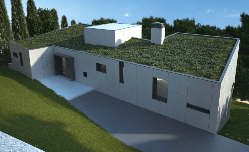 Imagen de una vivienda sostenible diseñada por MAM Experience Building, destacando un techo verde que se integra con el entorno natural, arquitectura moderna y líneas limpias que armonizan con el paisaje circundante.