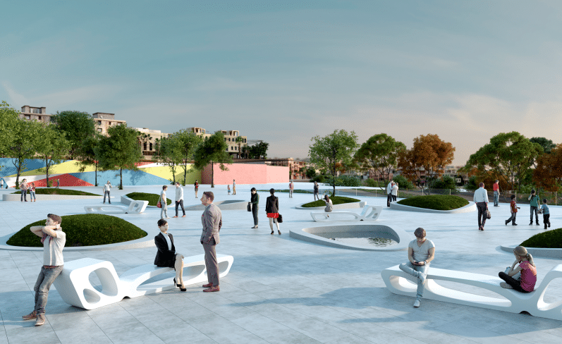 Imagen de un espacio público urbano diseñado por MAM Experience Building, mostrando una plaza moderna con áreas verdes, bancos escultóricos y personas disfrutando del entorno al aire libre en un ambiente contemporáneo.</p>
<p>